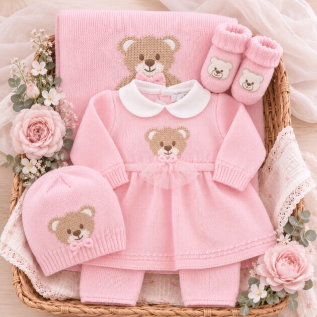 Set nascita neonata in pura lana con orsetto rosa | AI | 4722.2 | PD