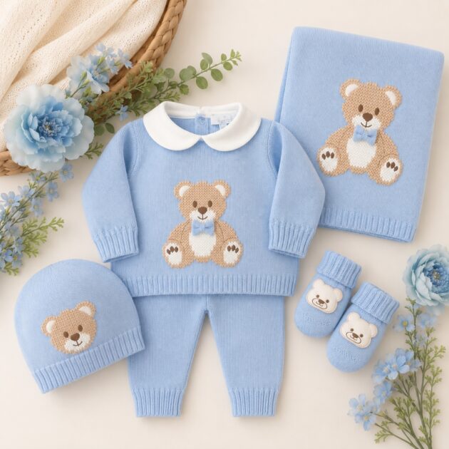 Set nascita neonato in pura lana con orsetto celeste | AI | 4721.2 | PD