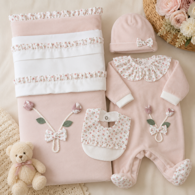 Set nascita neonata in ciniglia con fiorellini 5Pz | AI | 9400 | TT