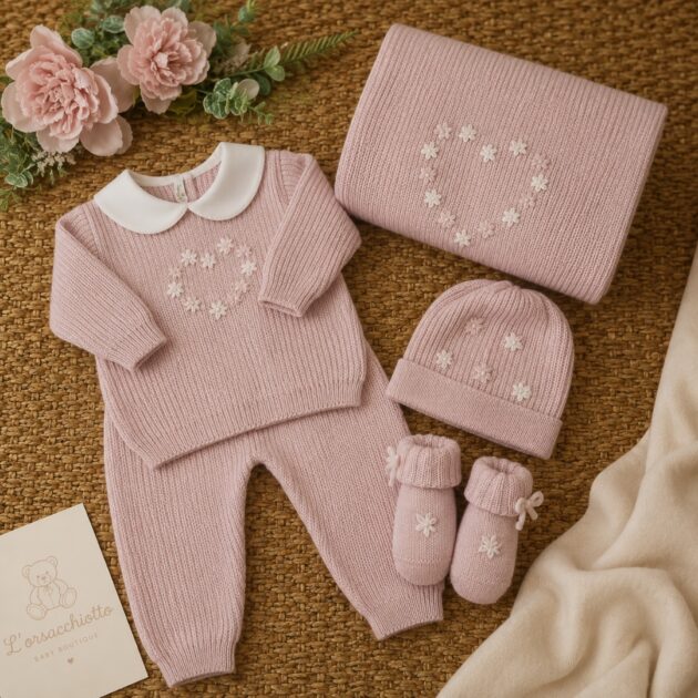 Set nascita neonata in lana rosa con cuore Margherite 4Pz | 545.1 | AI | BL