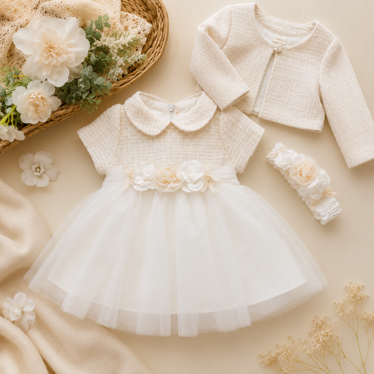 Abito Cerimonia Neonata Avorio con Tulle e Cardigan Coordinato | 3H721 | MB - immagine 2
