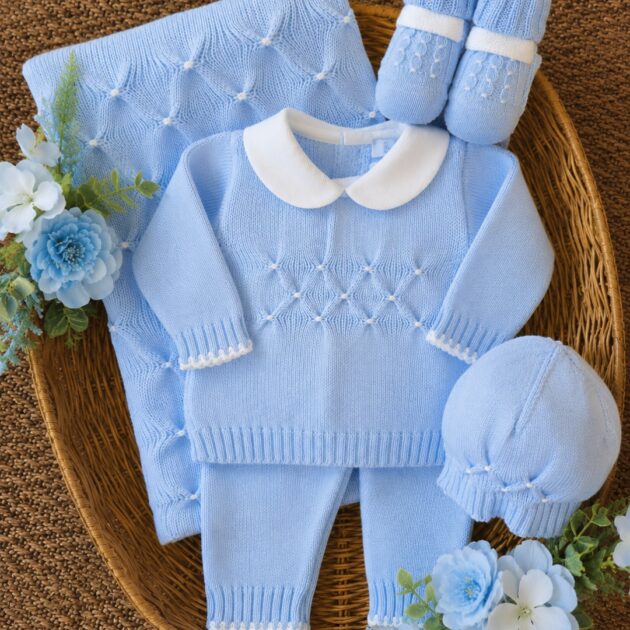 Set nascita neonato in pura lana con punto smock celeste | AI | 4716.2 | PD
