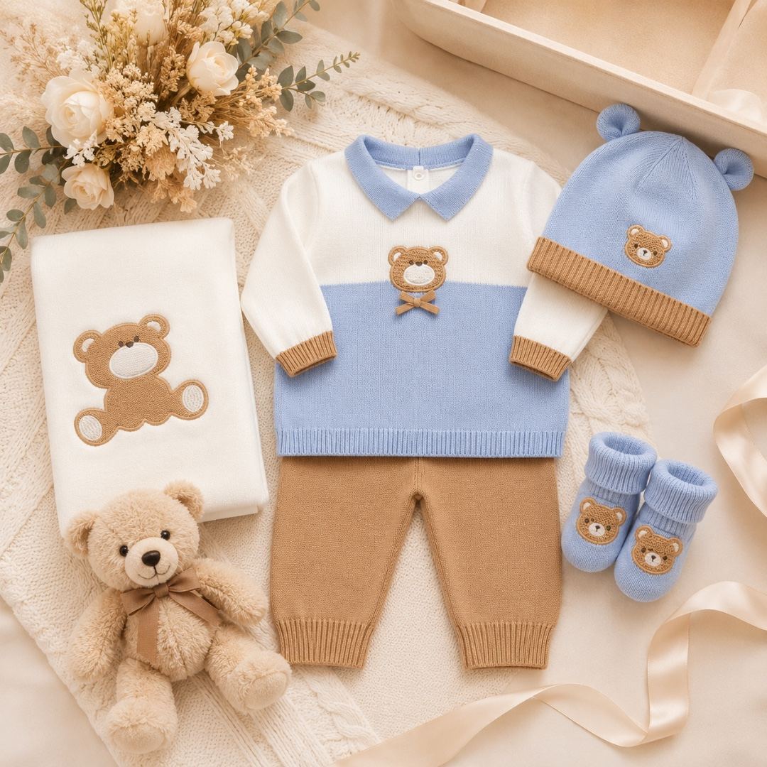 Completo Neonato Orsetto Azzurro e Beige con Cappellino e Babbucce – 80% Caldo Cotone, 20% Lana | 3H674 | MB - immagine 2