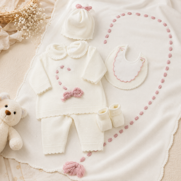 Set nascita neonata panna rosa cuore 5Pz | AI | 4102T | PL