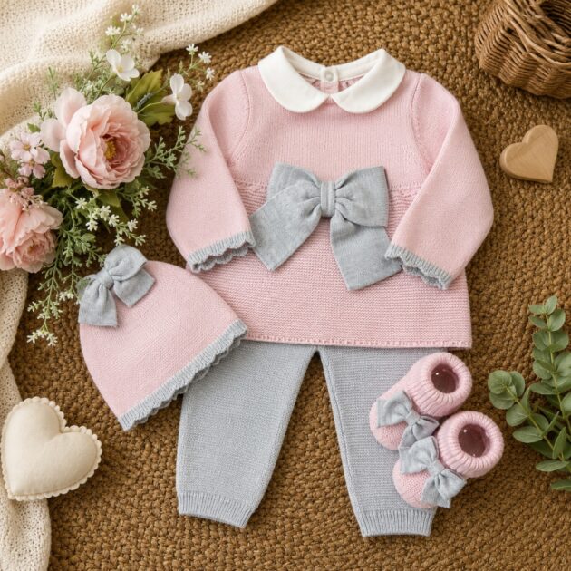 Completo nascita neonata con fiocco rosa e grigio 3Pz | AI | 3H780 | MB