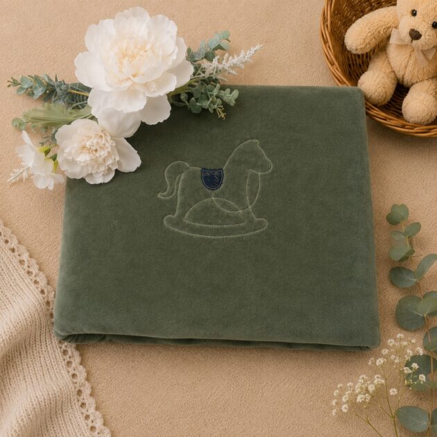 Copertina neonato ciniglia verde bosco con cavalluccio | AI | CCD