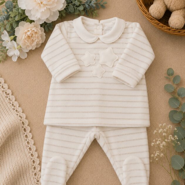 Completo Ciniglia Neonato beige Righe con Stelle | C64054 | CCD