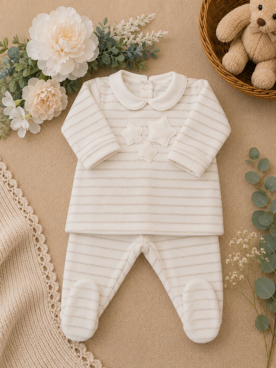 Completo Ciniglia Neonato beige Righe con Stelle | C64054 | CCD