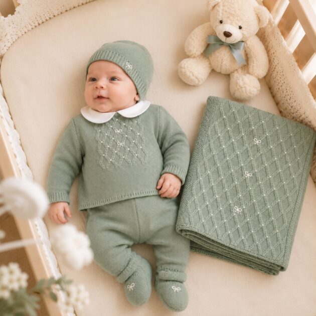 Coordinato nascita lana verde salvia con nodini d’amore 4 Pz | AI | 7730131R1E2 | PPC
