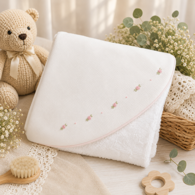 Triangolo spugna bamboo neonato con ricamo roselline rosa | 4232016X3R3Q | PPC
