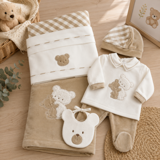 Completo nascita neonato ciniglia beige con orsetto 5Pz | AI | 9490 | TT