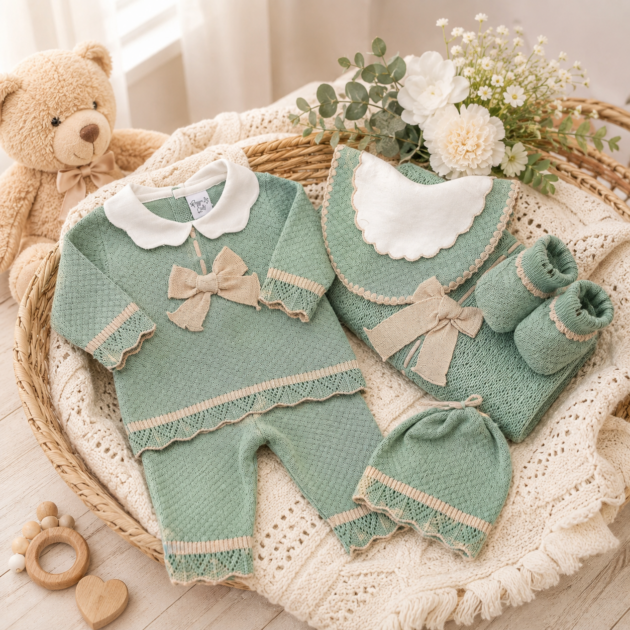 Set nascita neonata verde e beige con fiocco 5Pz | AI | 4040H | PL