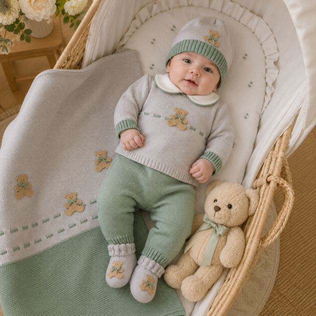 Completo nascita neonato verde con orsetti 4Pz | AI | 527 | BL
