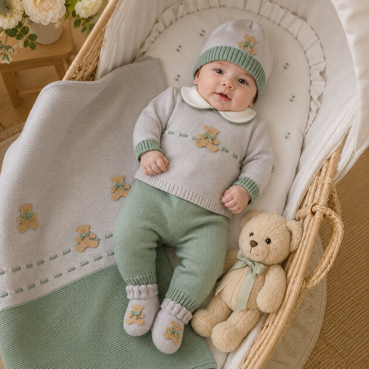 Completo nascita neonato verde con orsetti 4Pz | AI | 527 | BL