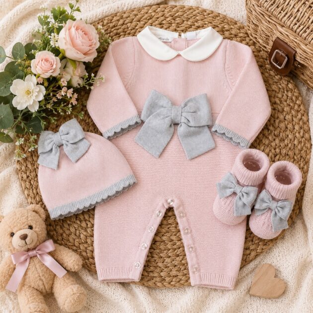Tutina nascita neonata con fiocco rosa e grigio 3Pz | AI | 3H770 | MB