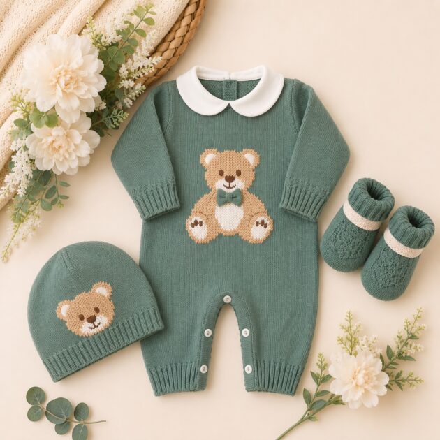 Set nascita neonato 3pz in pura lana con orsetto verde | AI | 4721| PD