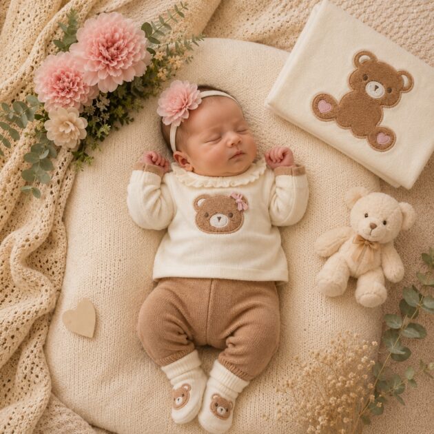 Completo Nascita Orsetto Rosa in Maglia – 2 Pezzi con Scarpine Coordinate | AI | 3H783 | MB