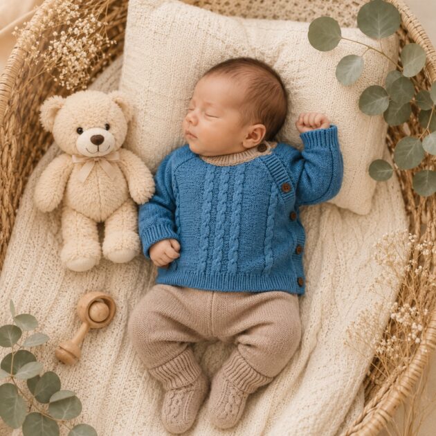 Completo Neonato in Maglia Azzurro e Beige con babbucce – Eleganza e Dolcezza per i Primi Mesi | AI | MB