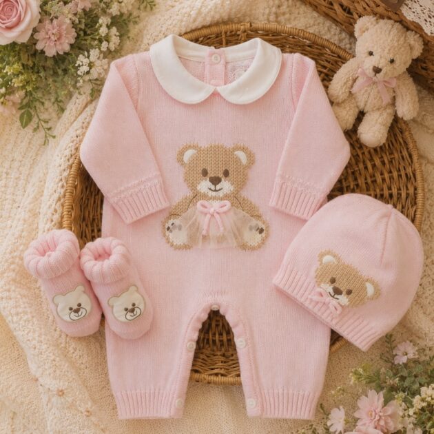 Set nascita neonata 3pz in pura lana con orsetto rosa | AI | 4722 | PD