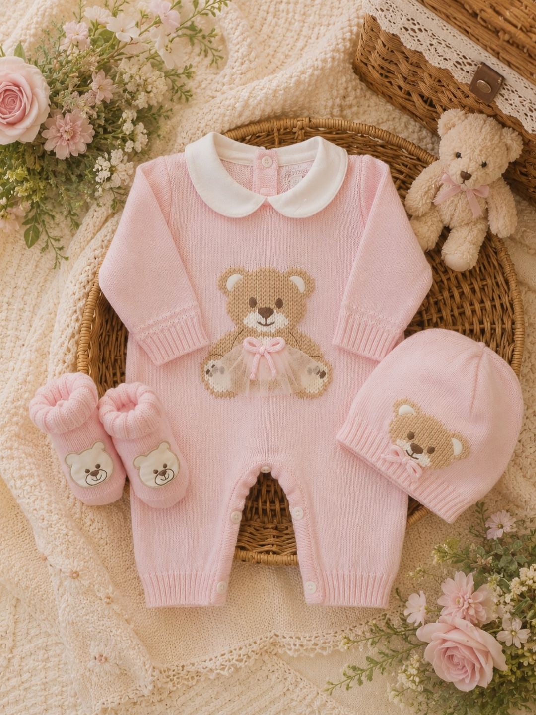 Set nascita neonata 3pz in pura lana con orsetto rosa | AI | 4722 | PD