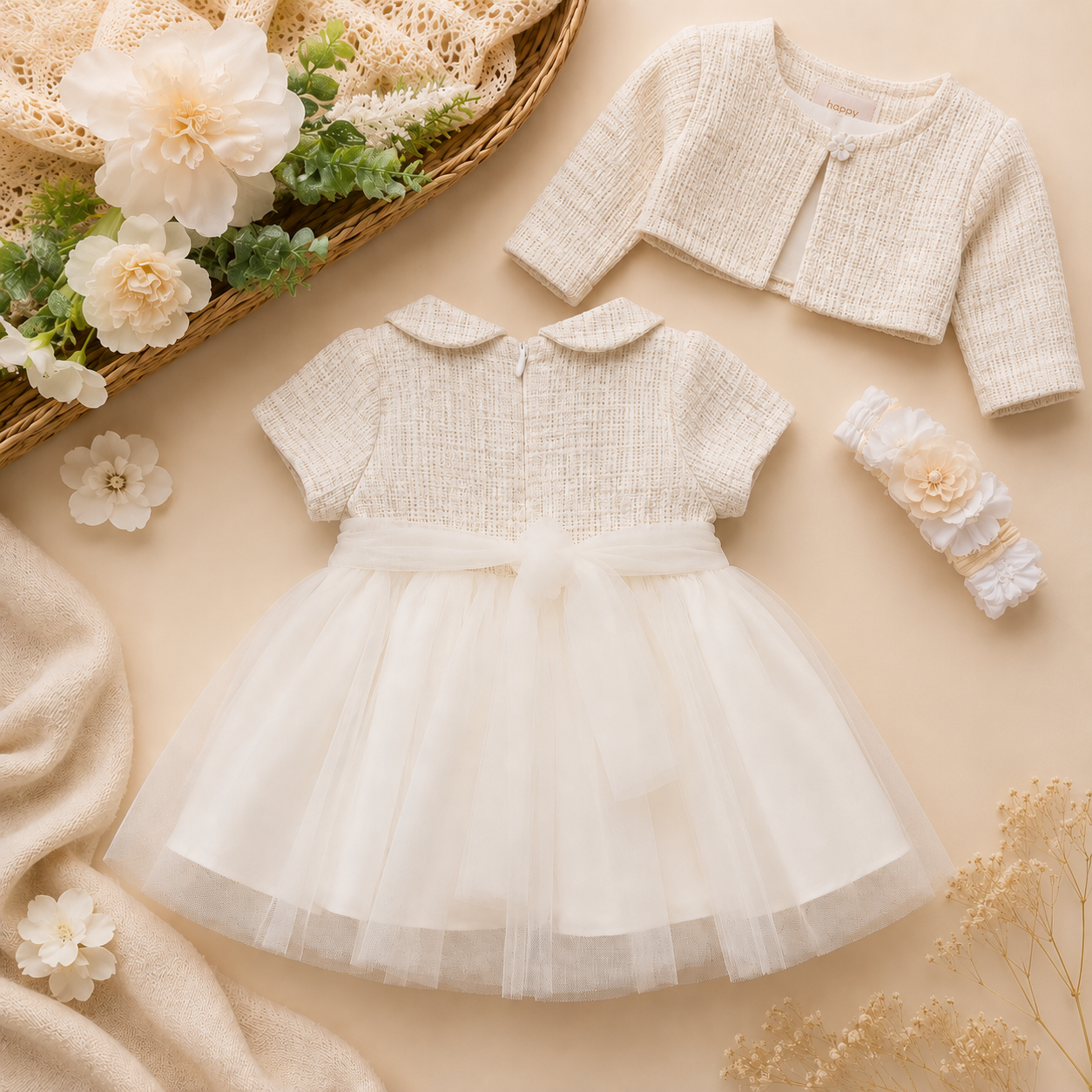 Abito Cerimonia Neonata Avorio con Tulle e Cardigan Coordinato | 3H721 | MB - immagine 3