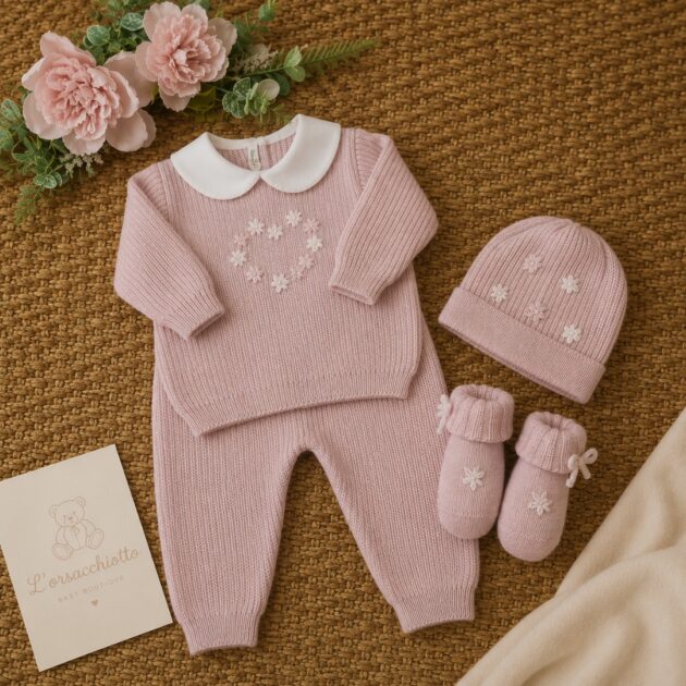 Set nascita neonata in lana rosa con cuore Margherite 3pz | 545.1 | AI | BL