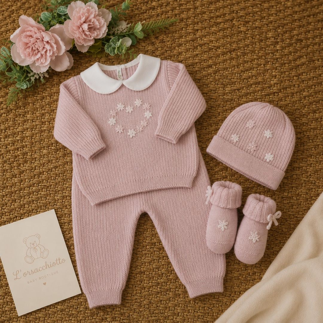 Set nascita neonata in lana rosa con cuore Margherite 3pz | 545.1 | AI | BL