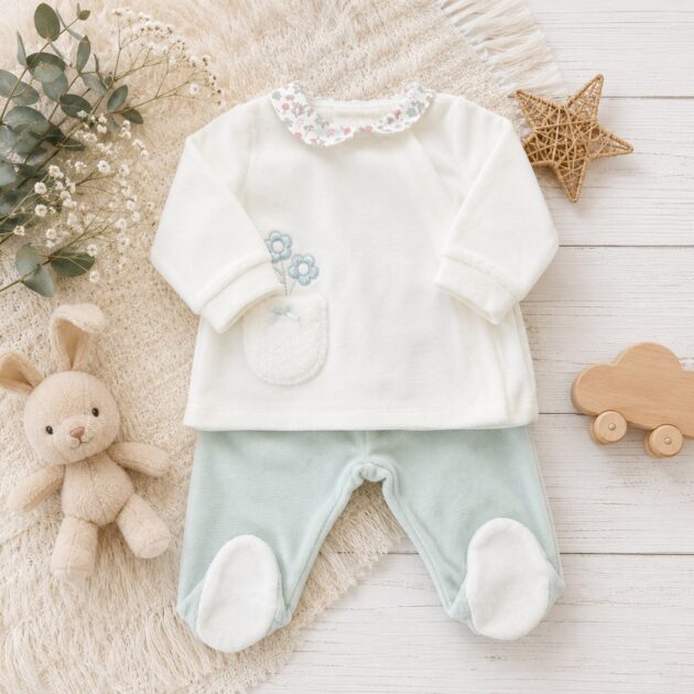 Completo ciniglia neonata panna verde con fiorellini | AI | 3H784 | MB