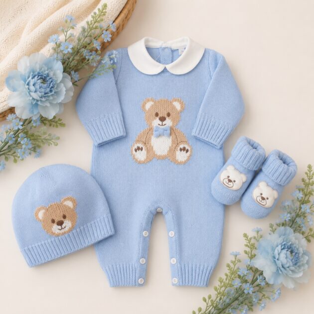 Set nascita neonato 3 Pz in pura lana con orsetto celeste | AI | 4721 | PD