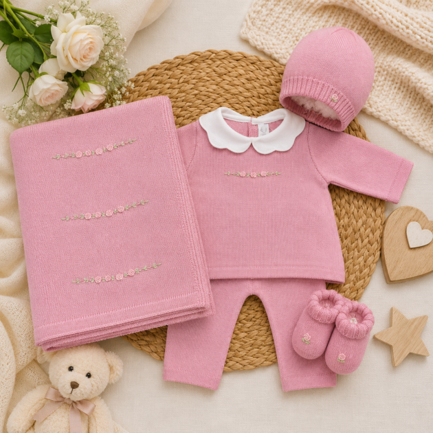Coordinato nascita neonata in lana rosa antico con arco di roselline | 7743117R3QL | PPC