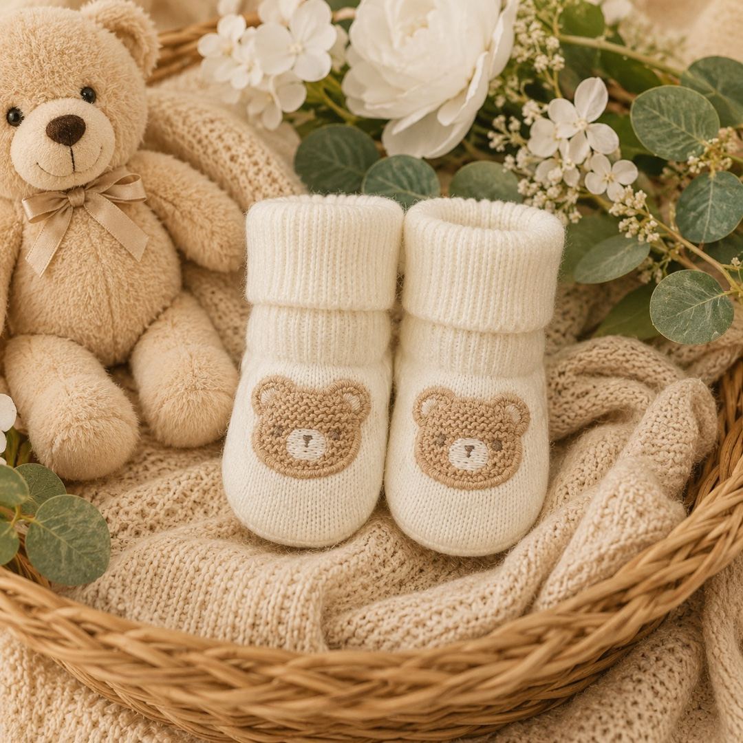 Babbucce Neonato con Orsetto Ricamato – Panna e Beige | 3H306 | MB