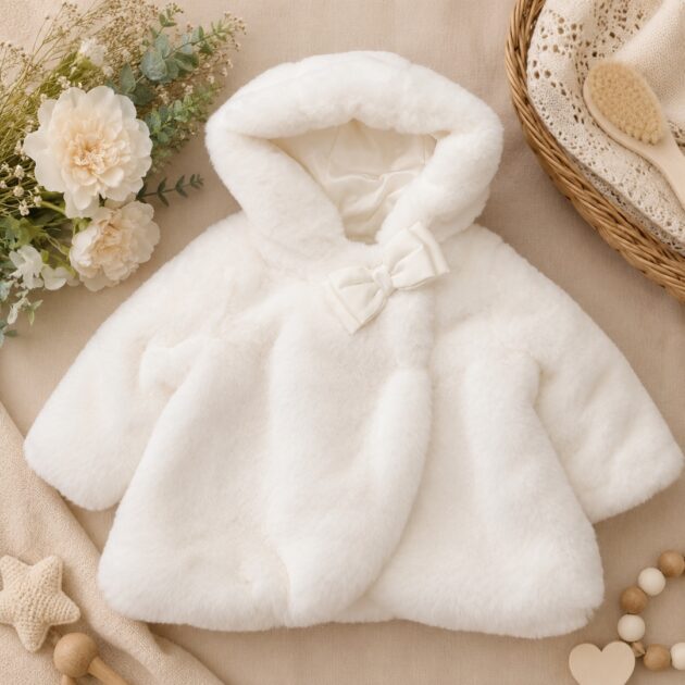 Cappottino Pelliccetta Neonata bimba Bianca con Cappuccio e Fiocco Elegante | AI | 3H757 | MB