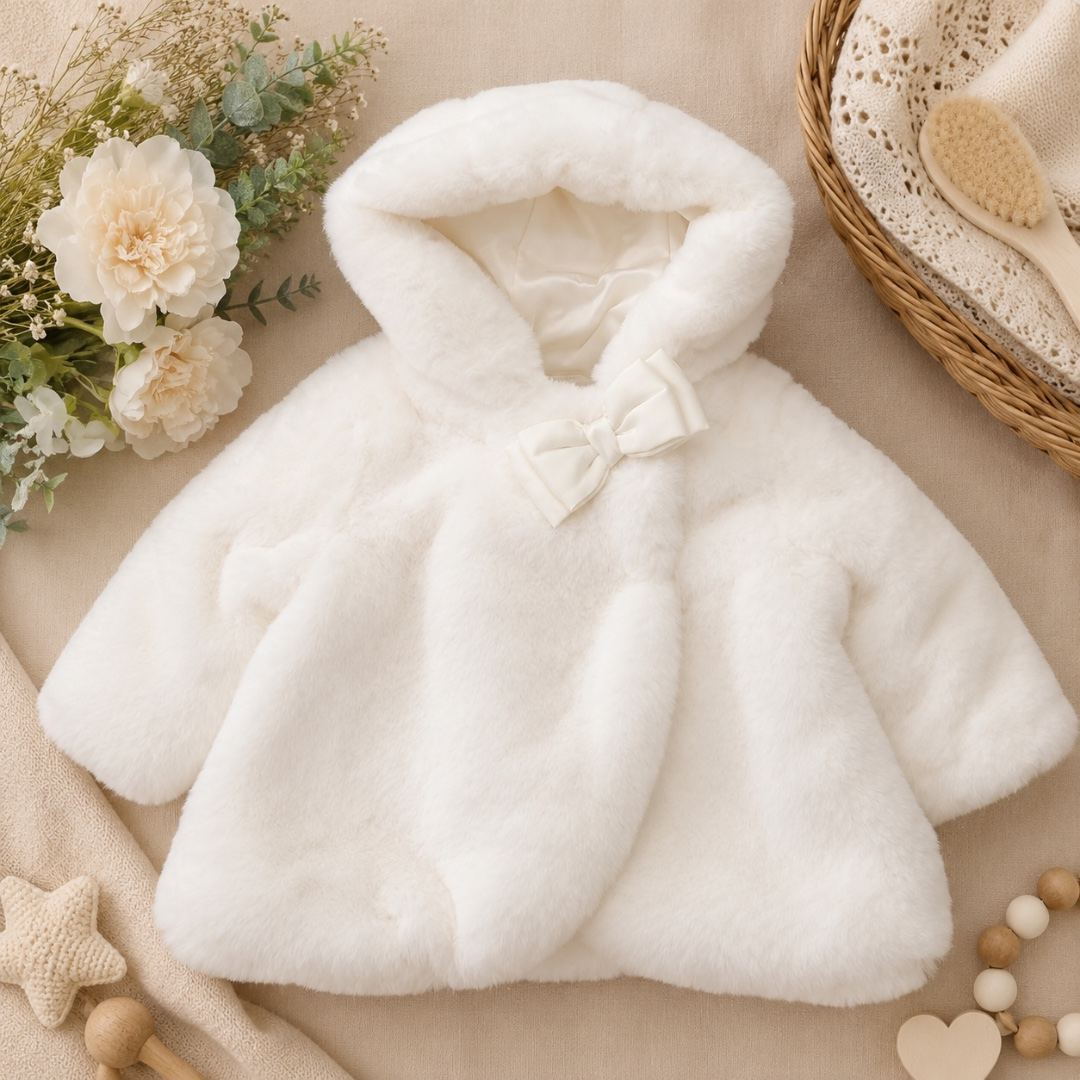 Cappottino Pelliccetta Neonata bimba Bianca con Cappuccio e Fiocco Elegante | AI | 3H757 | MB