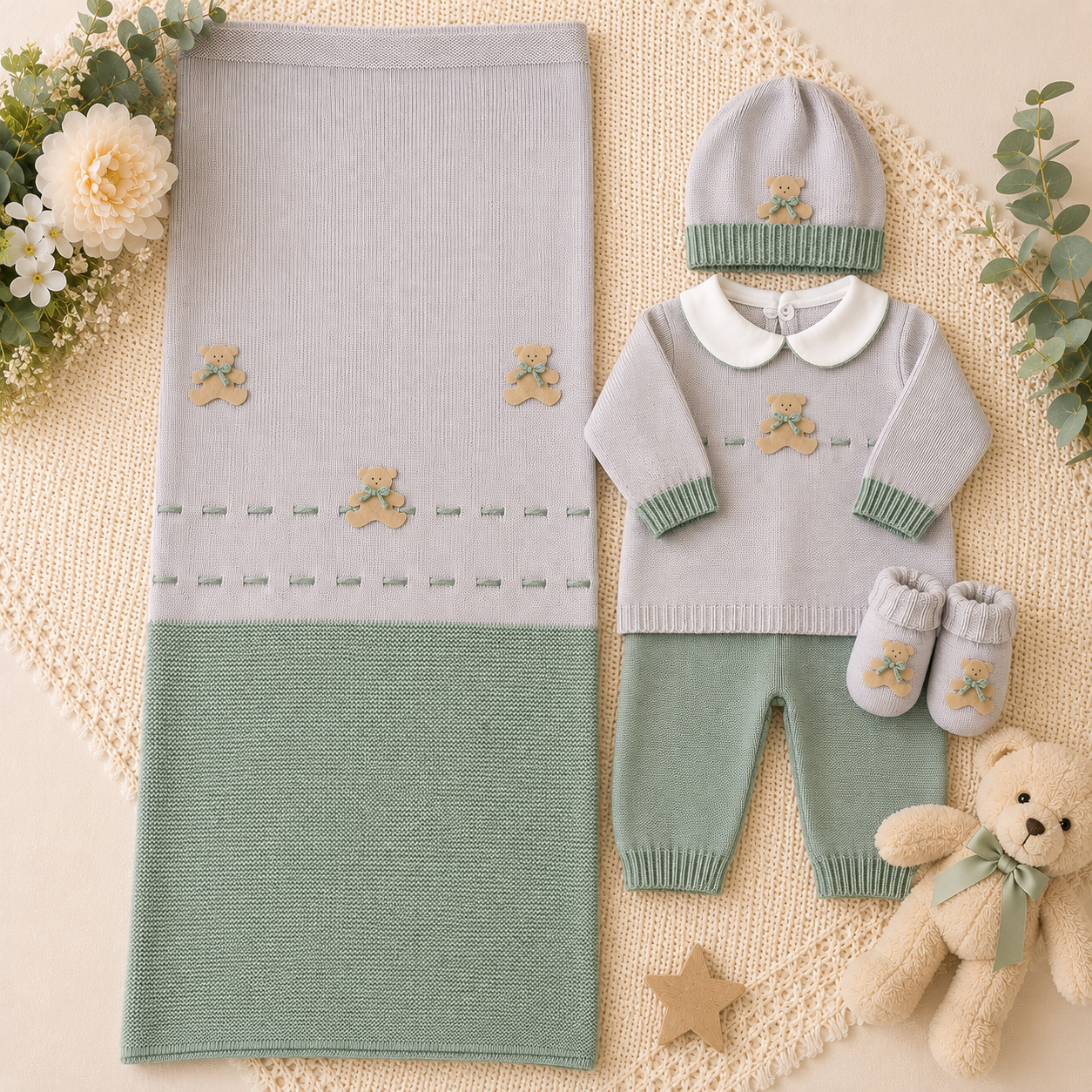 Completo nascita neonato verde con orsetti 4Pz | AI | 527 | BL - immagine 2