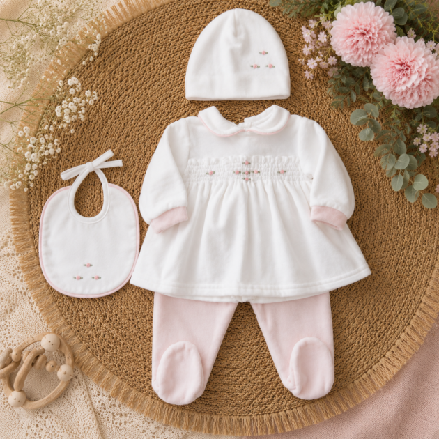 Completo nascita neonata ciniglia con roselline 3Pz | AI | 9310 | TT