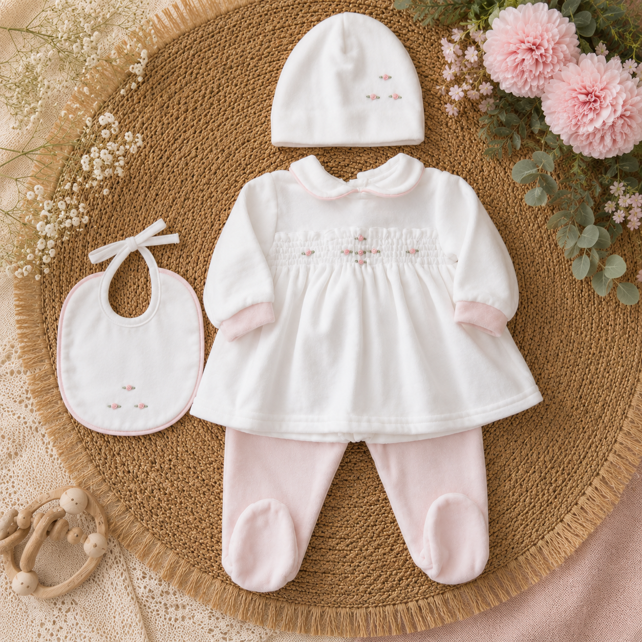 Completo nascita neonata ciniglia con roselline 3Pz | AI | 9310 | TT