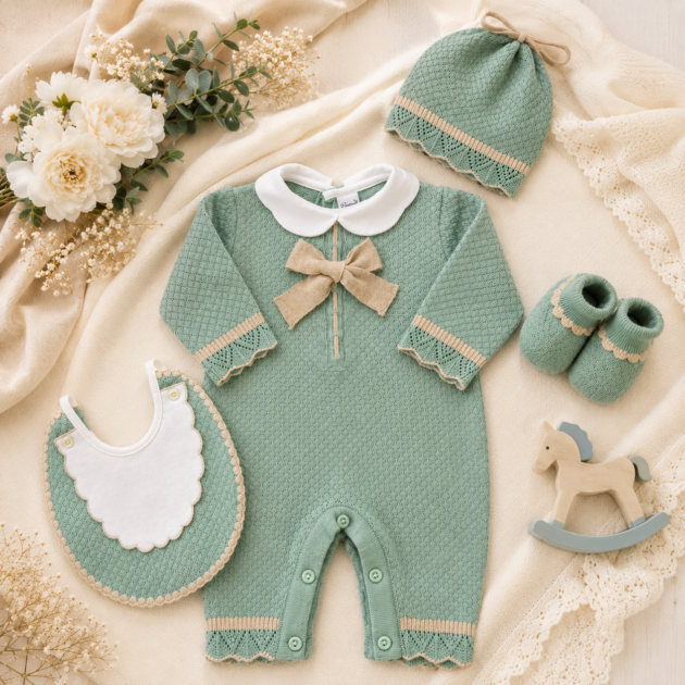 Set nascita neonata tutina verde e beige | 4Pz | AI | 4041H | PL
