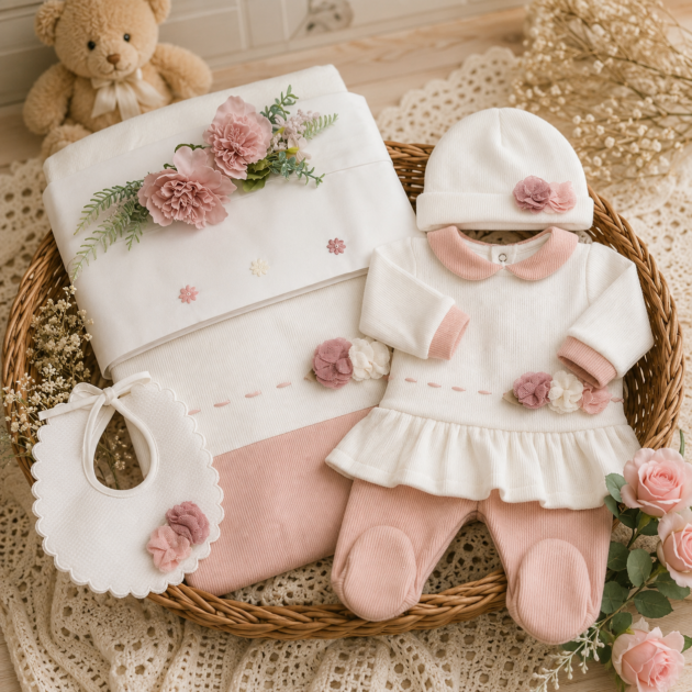 Completo nascita neonata ciniglia con fiori 5Pz | AI | 9320 | TT