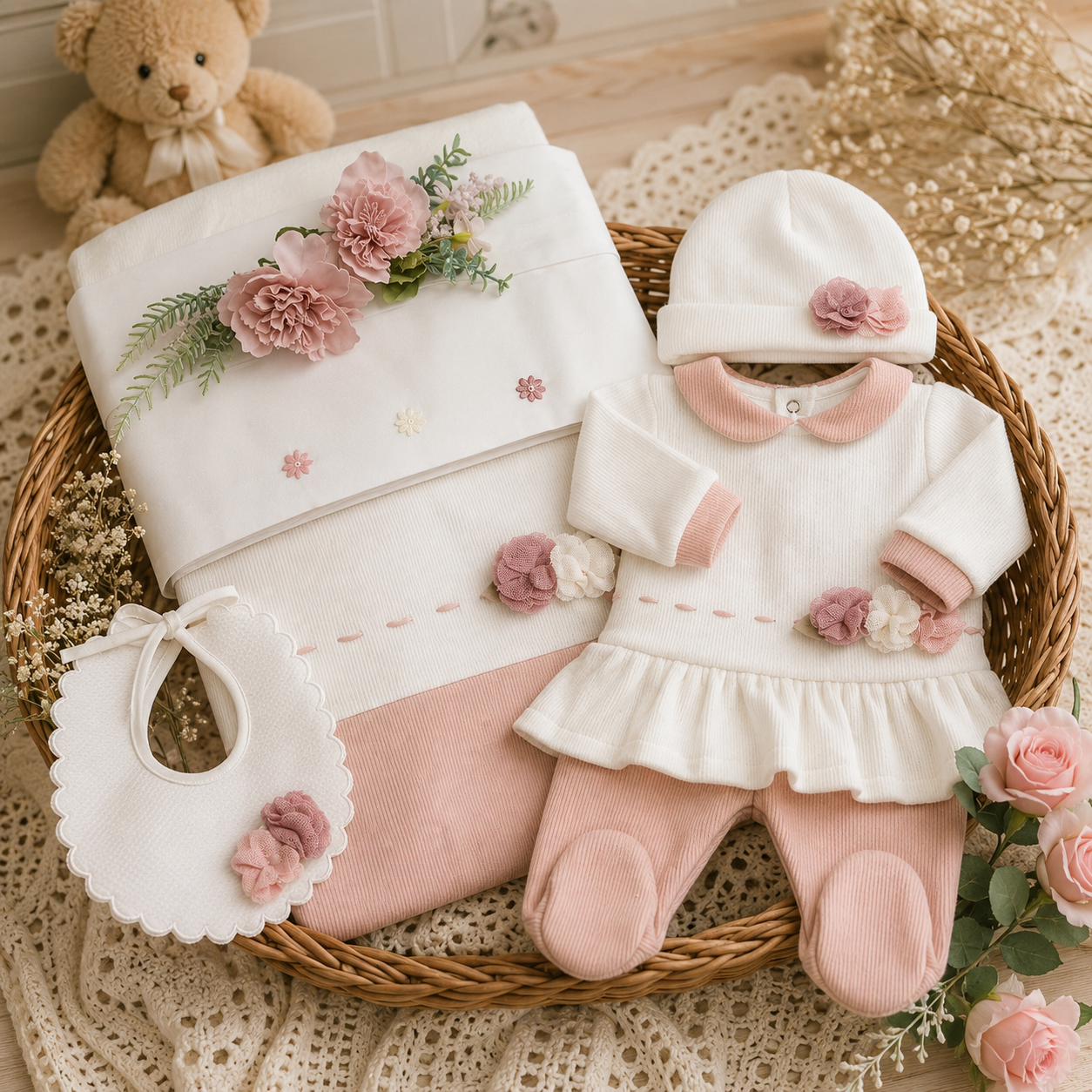 Completo nascita neonata ciniglia con fiori 5Pz | AI | 9320 | TT