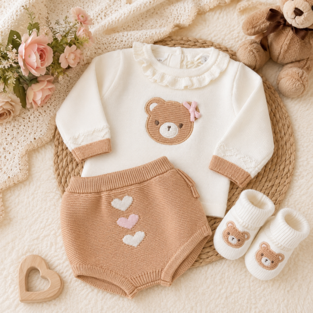 Completo uscita clinica neonata con orsetto e coulotte, con babbucce | AI | 3H785 | MB