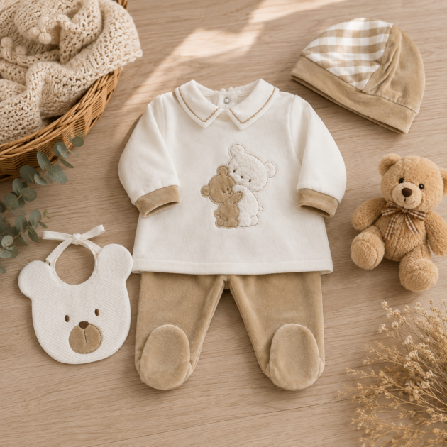 Completo nascita neonata ciniglia beige con orsetto 3Pz | AI | 9490 | TT