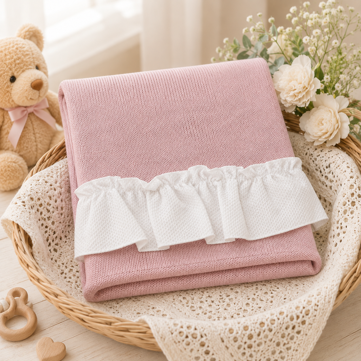 Coperta rosa cipolla in maglia con balza | AI | AS09 | PL
