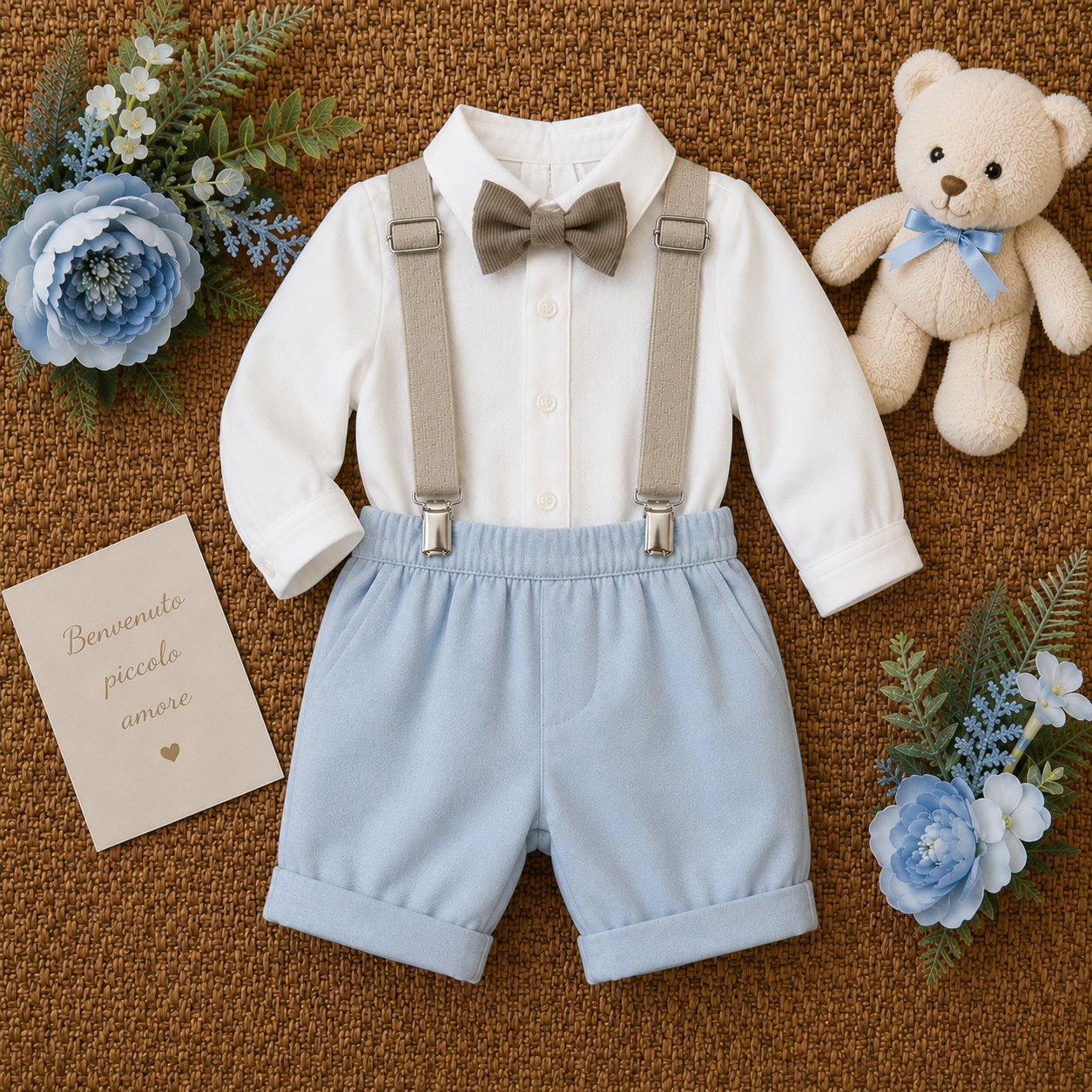 Completo battesimo bimbo con pantaloncino celeste | AI | 9450 | TT