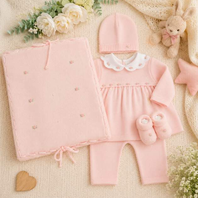 Coordinato nascita neonata in lana rosa chiaro con roselline 4 PZ | AI | 7783116R3QQ2 | PPC