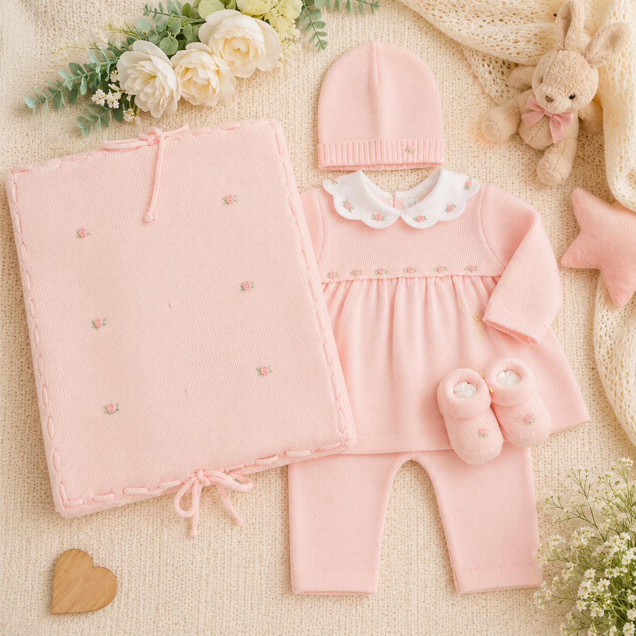 Coordinato nascita neonata in lana rosa chiaro con roselline 4 PZ | AI | 7783116R3QQ2 | PPC