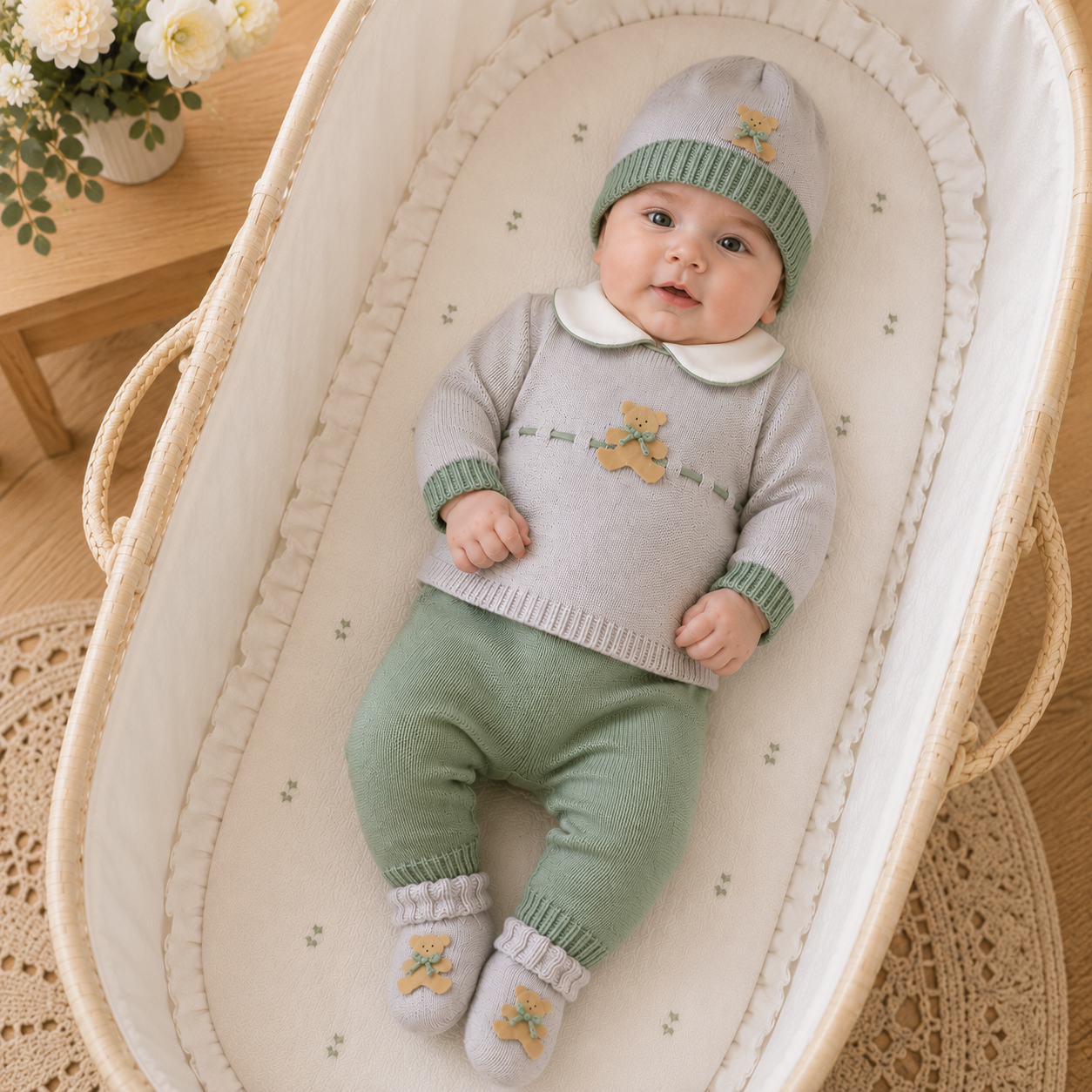 Completo nascita neonato verde con orsetti 3Pz | AI | 527 | BL