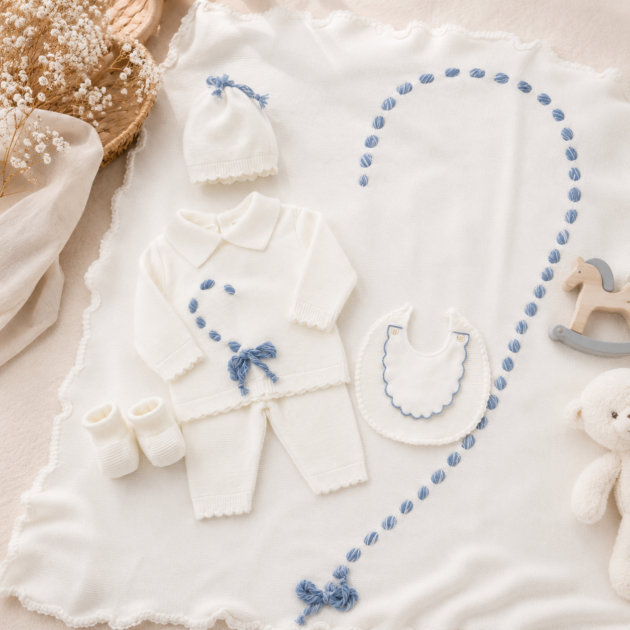 Set nascita neonato panna celeste cuore 5Pz | AI | 4100J | PL