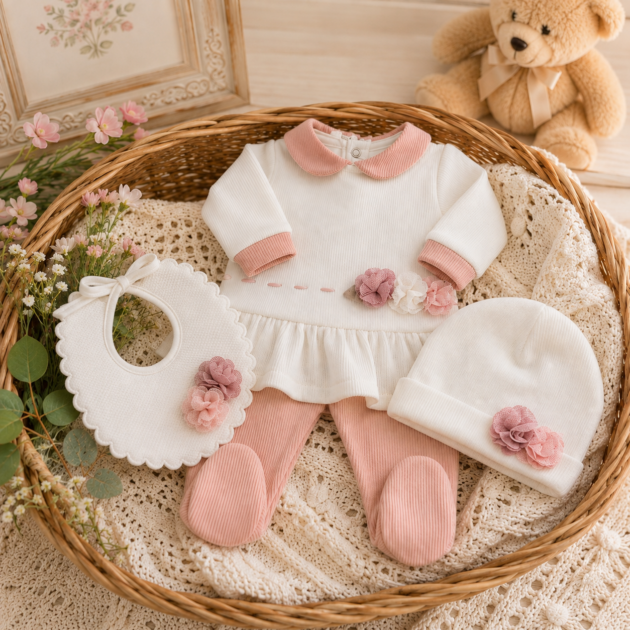 Completo nascita neonata ciniglia con fiori 3Pz | AI | 9320 | TT