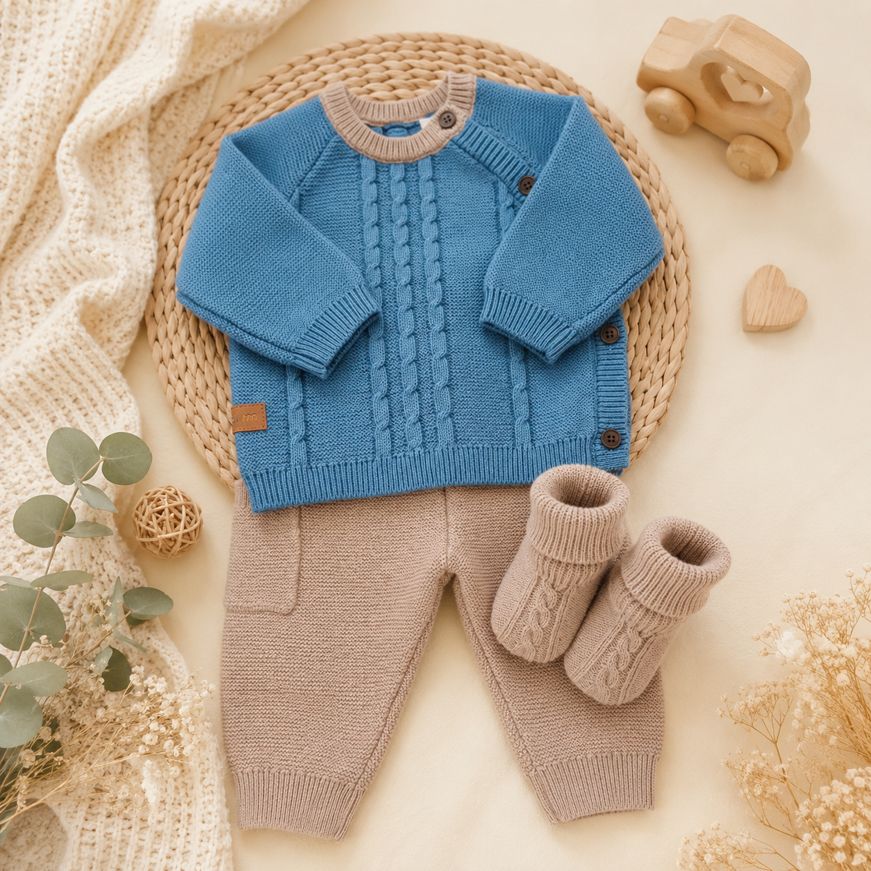 Completo Neonato in Maglia Azzurro e Beige con babbucce – Eleganza e Dolcezza per i Primi Mesi | AI | MB - immagine 2