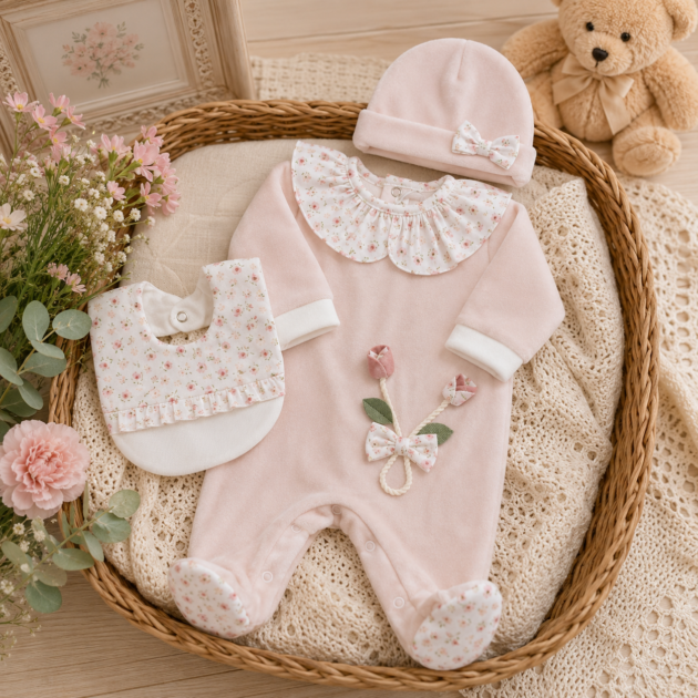 Set nascita neonata in ciniglia con fiorellini 3Pz | AI | 9400 | TT